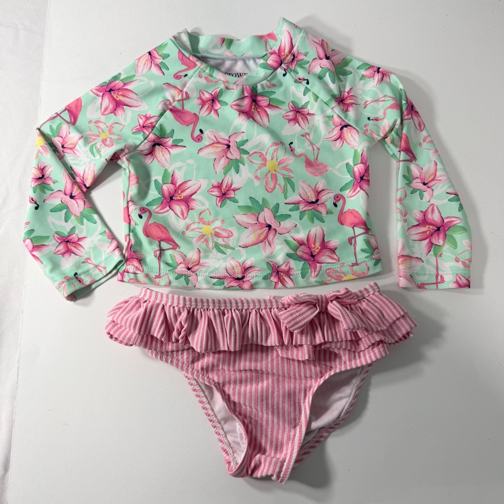Crown & Ivy Baby Girls 24M Flamingo Rash Guard Swimsuit Set Pink Mint Stripe